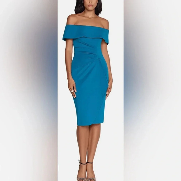 Xscape Off the Shoulder Side Ruched Scuba Crepe Cocktail Dress Teal Women’s 2 - Picture 1 of 12